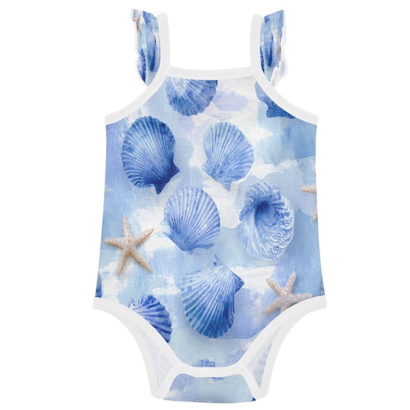 TTYFWHD Infant Toddler Baby Girl Romper Cerulean Seashells Pattern Ruffle Sleeveless Cotton Summer One Piece Bodysuit 3-24M