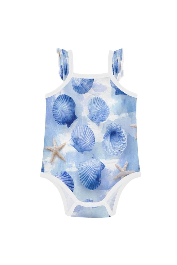 Infant Toddler Baby Girl Romper Cerulean Seashells Pattern Ruffle Sleeveless Cotton Summer One Piece Bodysuit 3-24M