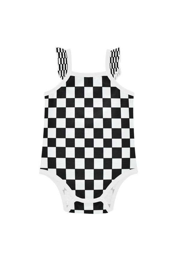 Infant Toddler Baby Girl Romper Classic Black-and-white Checkered Pattern Ruffle Sleeveless Cotton Summer One Piece Bodysuit 3-24M
