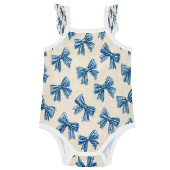 TTYFWHD Infant Toddler Baby Girl Romper Classic Blue Bow Pattern Ruffle Sleeveless Cotton Summer One Piece Bodysuit 3-24M