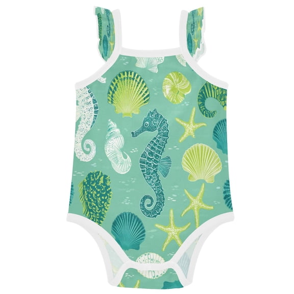 TTYFWHD Infant Toddler Baby Girl Romper Coastal Seahorse Starfish Pattern Ruffle Sleeveless Cotton Summer One Piece Bodysuit 3-24M