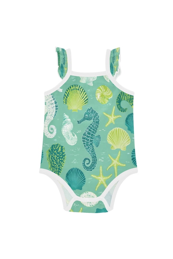 Infant Toddler Baby Girl Romper Coastal Seahorse Starfish Pattern Ruffle Sleeveless Cotton Summer One Piece Bodysuit 3-24M
