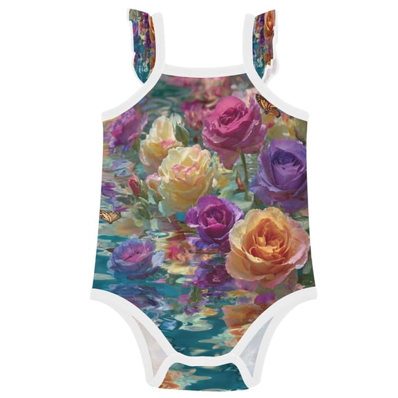 TTYFWHD Infant Toddler Baby Girl Romper Colorful Roses Floating on Water Ruffle Sleeveless Cotton Summer One Piece Bodysuit 3-24M