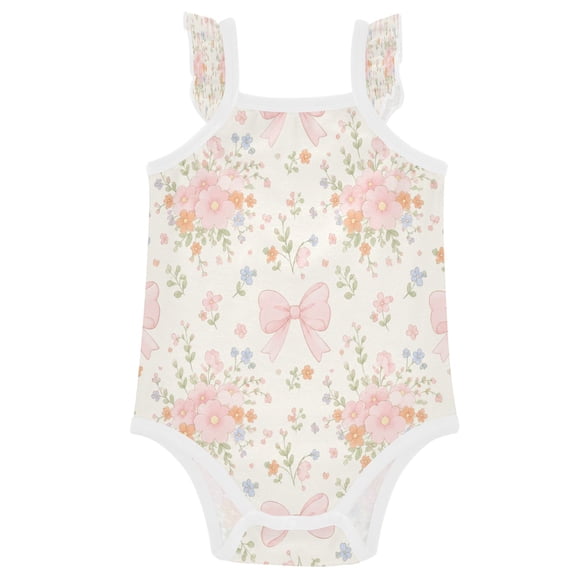 TTYFWHD Infant Toddler Baby Girl Romper Cream Floral Bows Pattern Ruffle Sleeveless Cotton Summer One Piece Bodysuit 3-24M
