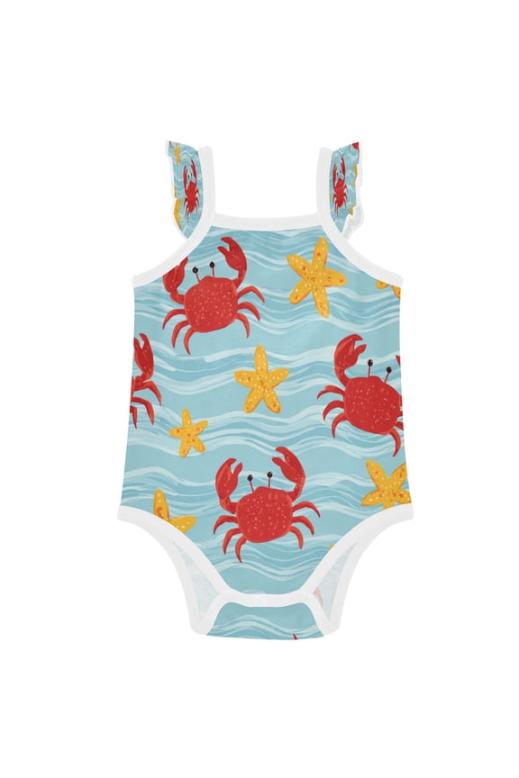 Infant Toddler Baby Girl Romper Cute Beach Creature Print Ruffle Sleeveless Cotton Summer One Piece Bodysuit 3-24M