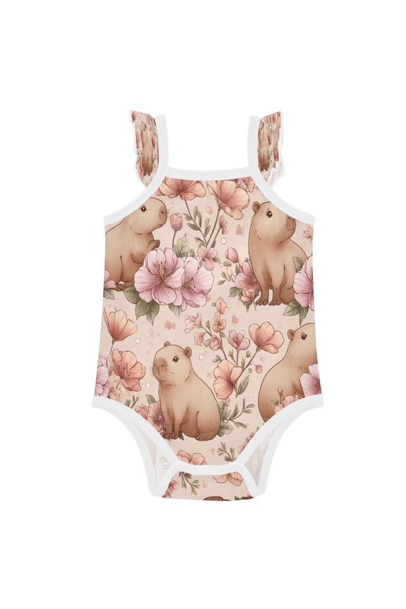 Infant Toddler Baby Girl Romper Cute Capybaras with Playful Poses Ruffle Sleeveless Cotton Summer One Piece Bodysuit 3-24M