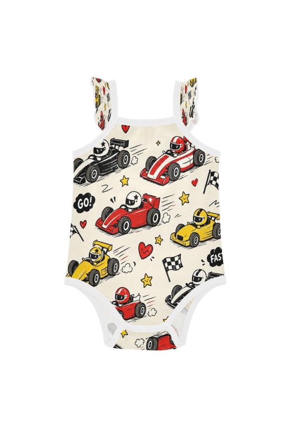 Infant Toddler Baby Girl Romper Cute Cartoon Race Cars Pattern Ruffle Sleeveless Cotton Summer One Piece Bodysuit 3-24M