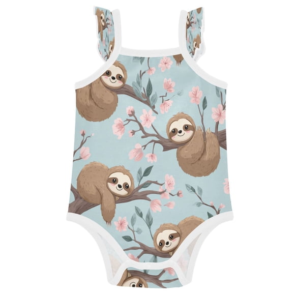 TTYFWHD Infant Toddler Baby Girl Romper Cute Cartoon Sloth Ruffle Sleeveless Cotton Summer One Piece Bodysuit 3-24M