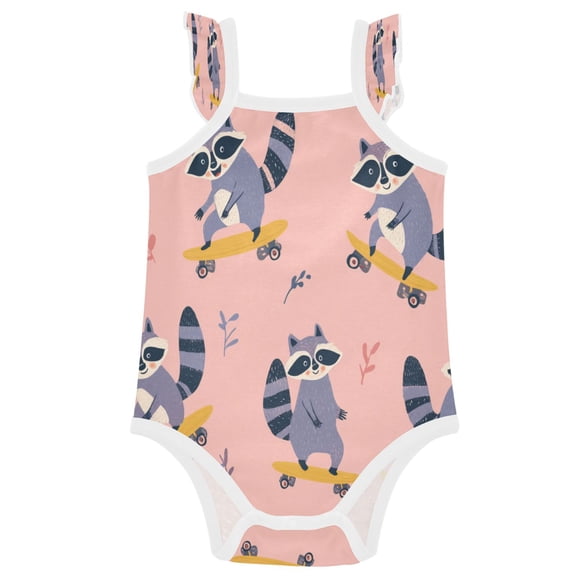 TTYFWHD Infant Toddler Baby Girl Romper Cute Raccoon Skateboard Print Ruffle Sleeveless Cotton Summer One Piece Bodysuit 3-24M