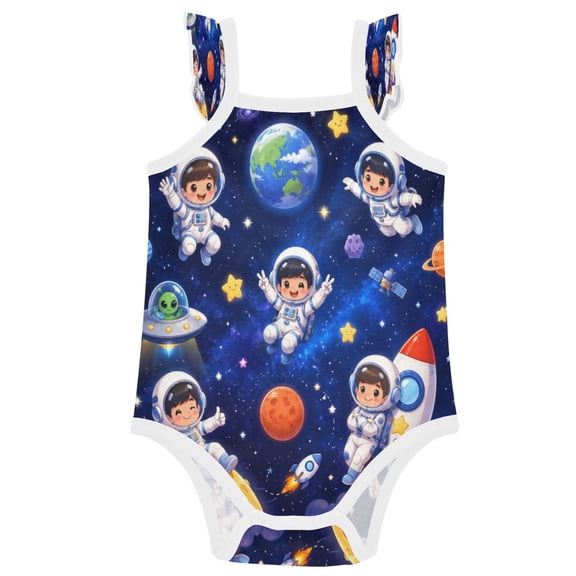 TTYFWHD Infant Toddler Baby Girl Romper Cute Space Astronauts Pattern Ruffle Sleeveless Cotton Summer One Piece Bodysuit 3-24M