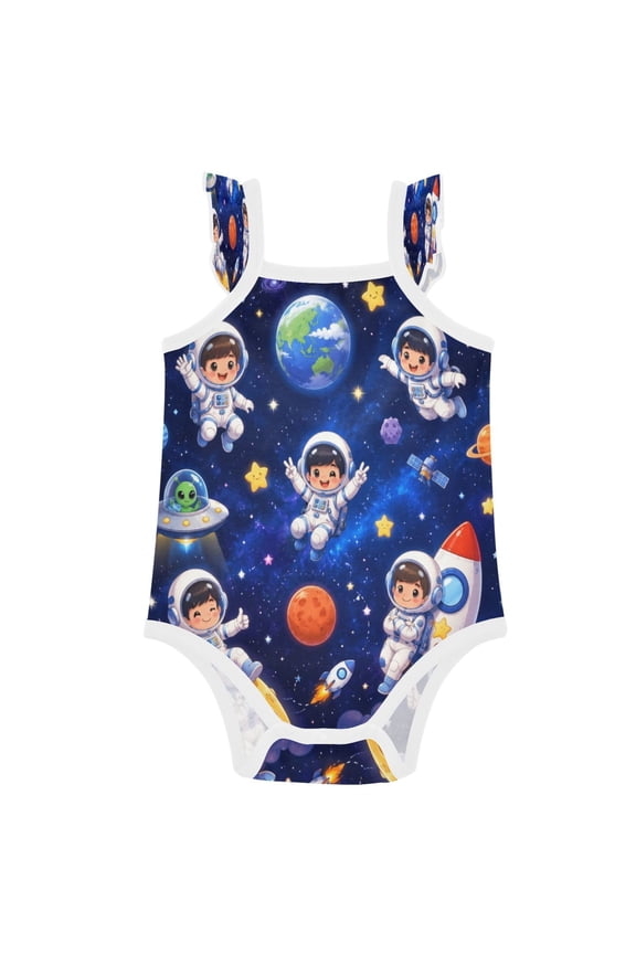 Infant Toddler Baby Girl Romper Cute Space Astronauts Pattern Ruffle Sleeveless Cotton Summer One Piece Bodysuit 3-24M