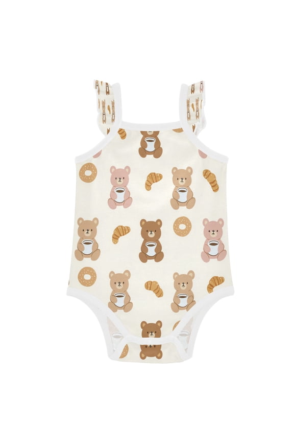 Infant Toddler Baby Girl Romper Cute Teddy Bear Pattern Ruffle Sleeveless Cotton Summer One Piece Bodysuit 3-24M