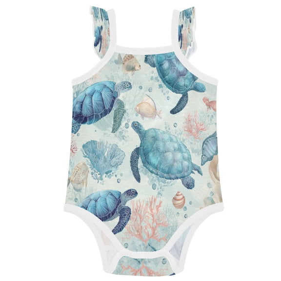 TTYFWHD Infant Toddler Baby Girl Romper Deep Green Sea Turtles Ruffle Sleeveless Cotton Summer One Piece Bodysuit 3-24M