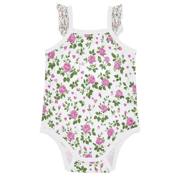 TTYFWHD Infant Toddler Baby Girl Romper Delicate Pink Rose Print Ruffle Sleeveless Cotton Summer One Piece Bodysuit 3-24M