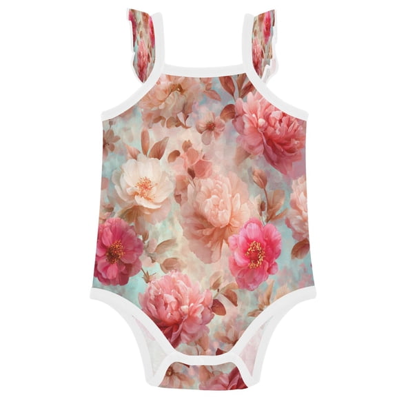 TTYFWHD Infant Toddler Baby Girl Romper Digital Watercolor Peonies and Roses Ruffle Sleeveless Cotton Summer One Piece Bodysuit 3-24M