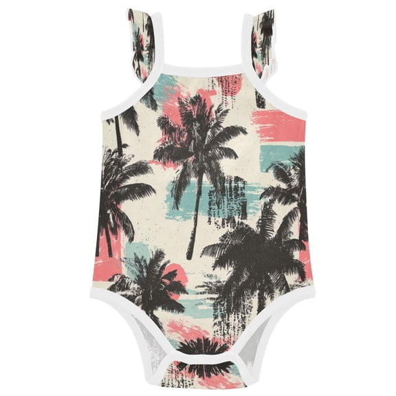 TTYFWHD Infant Toddler Baby Girl Romper Distressed Palm Pattern Ruffle Sleeveless Cotton Summer One Piece Bodysuit 3-24M