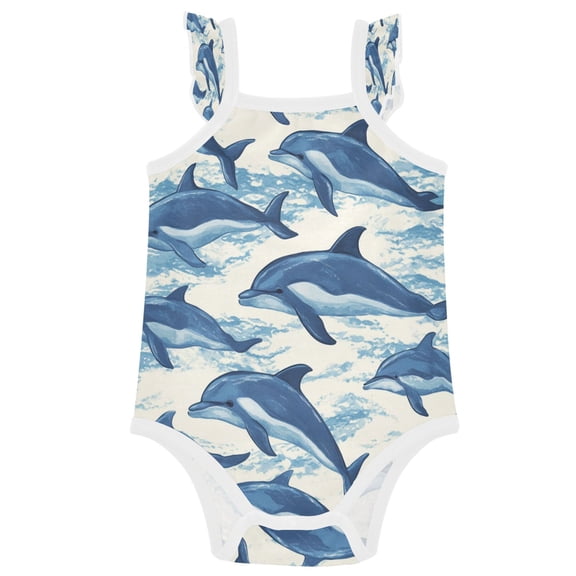 TTYFWHD Infant Toddler Baby Girl Romper Dolphins Swimming Ruffle Sleeveless Cotton Summer One Piece Bodysuit 3-24M