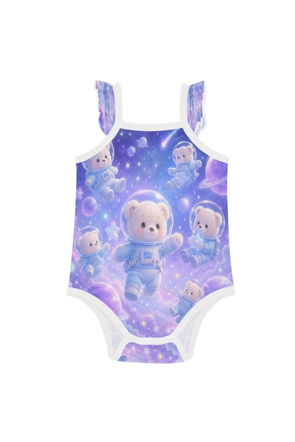 Infant Toddler Baby Girl Romper Dreamy Space Teddy Bears Ruffle Sleeveless Cotton Summer One Piece Bodysuit 3-24M