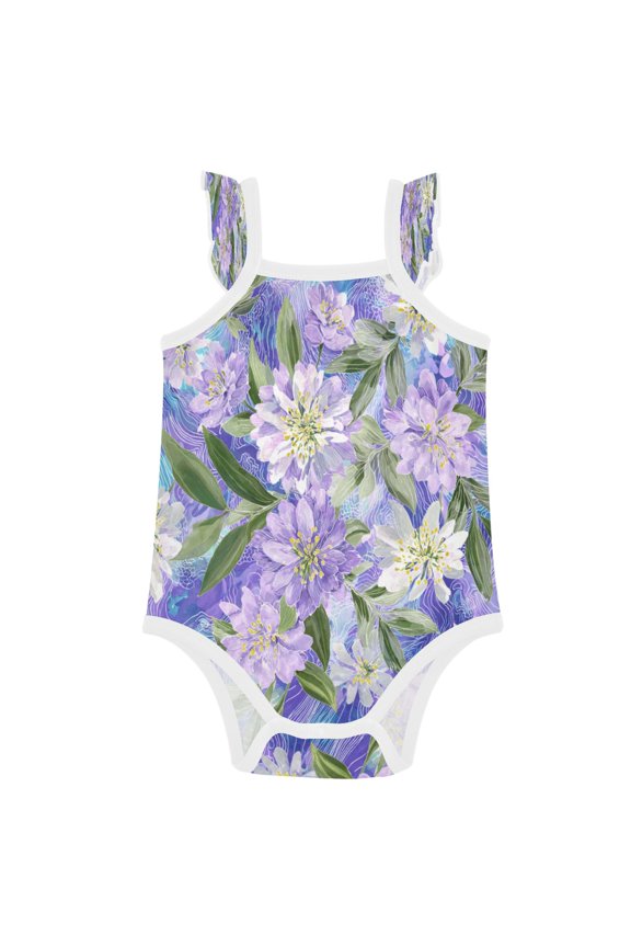 Infant Toddler Baby Girl Romper Elegant Purple Daffodil Pattern Ruffle Sleeveless Cotton Summer One Piece Bodysuit 3-24M