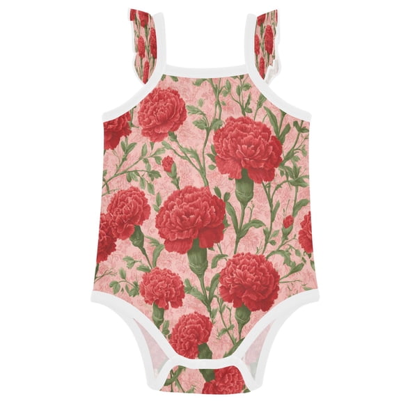 TTYFWHD Infant Toddler Baby Girl Romper Elegant Red Carnation Pattern Ruffle Sleeveless Cotton Summer One Piece Bodysuit 3-24M