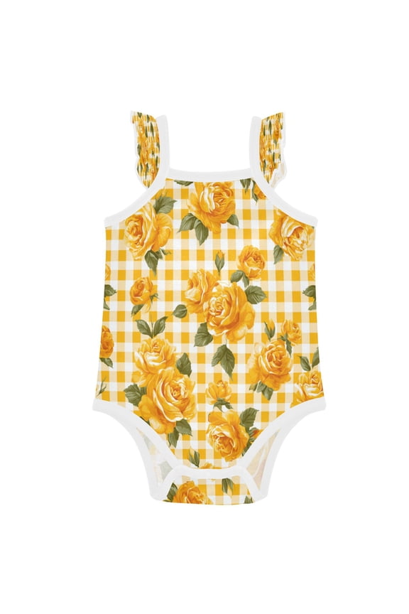 Infant Toddler Baby Girl Romper Elegant and Beautiful Yellow Roses Ruffle Sleeveless Cotton Summer One Piece Bodysuit 3-24M