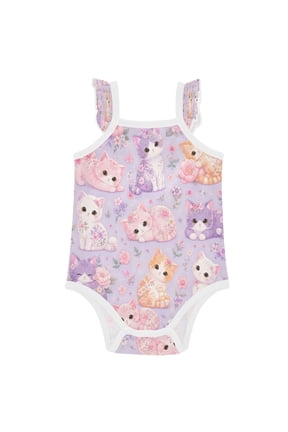 Infant Toddler Baby Girl Romper Floral Kittens Pattern Graphic Ruffle Sleeveless Cotton Summer One Piece Bodysuit 3-24M