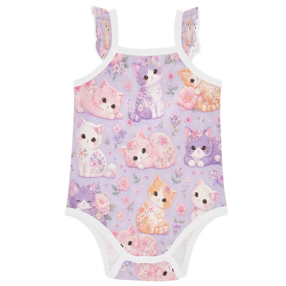 TTYFWHD Infant Toddler Baby Girl Romper Floral Kittens Pattern Graphic Ruffle Sleeveless Cotton Summer One Piece Bodysuit 3-24M