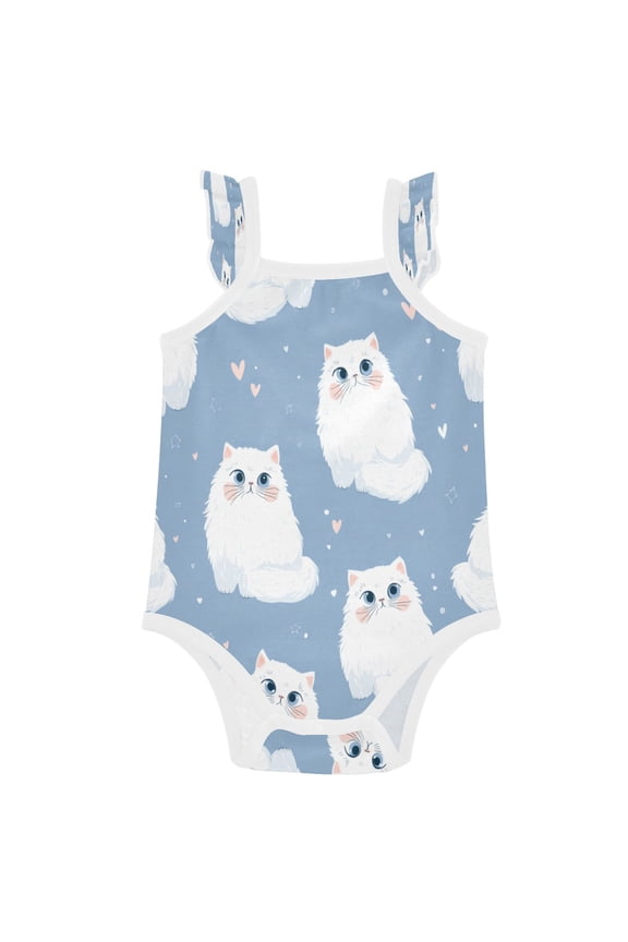 Infant Toddler Baby Girl Romper Fluffy White Cat Seamless Pattern Ruffle Sleeveless Cotton Summer One Piece Bodysuit 3-24M