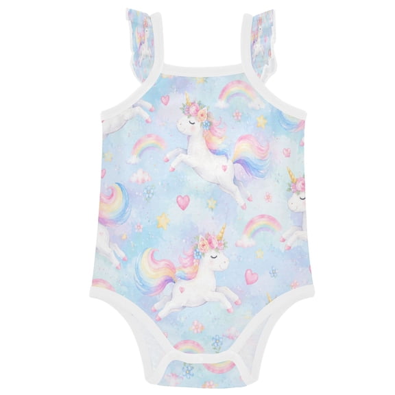 TTYFWHD Infant Toddler Baby Girl Romper Flying Unicorn Rainbow Graphic Ruffle Sleeveless Cotton Summer One Piece Bodysuit 3-24M