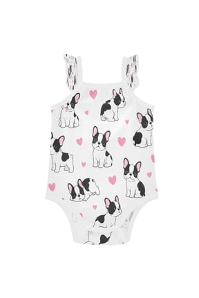 Infant Toddler Baby Girl Romper French Bulldog Puppies Graphic Ruffle Sleeveless Cotton Summer One Piece Bodysuit 3-24M