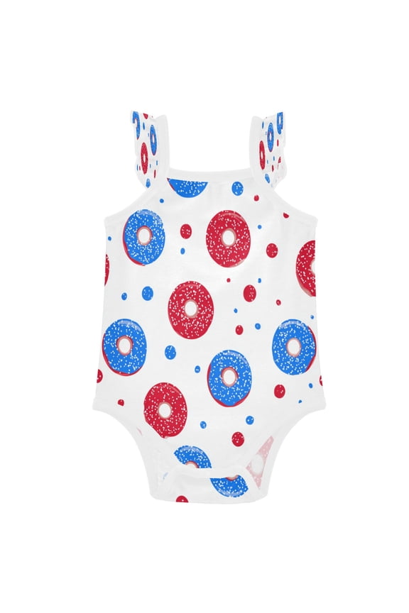 Infant Toddler Baby Girl Romper Fun Red Blue Donut Print Ruffle Sleeveless Cotton Summer One Piece Bodysuit 3-24M