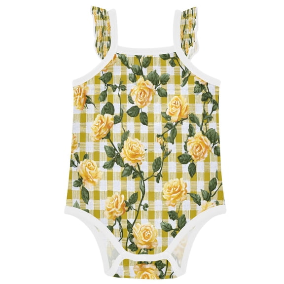 TTYFWHD Infant Toddler Baby Girl Romper Gingham Pattern Yellow Roses Ruffle Sleeveless Cotton Summer One Piece Bodysuit 3-24M