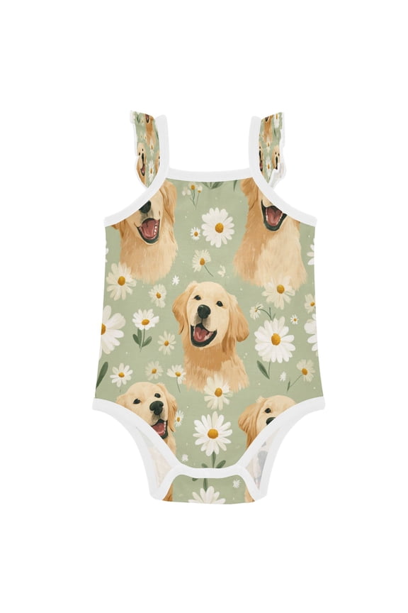 Infant Toddler Baby Girl Romper Golden Daisy Pup Pattern Ruffle Sleeveless Cotton Summer One Piece Bodysuit 3-24M