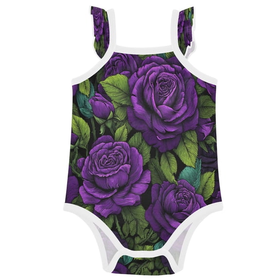 TTYFWHD Infant Toddler Baby Girl Romper Gothic Dark Purple Rose Print Ruffle Sleeveless Cotton Summer One Piece Bodysuit 3-24M
