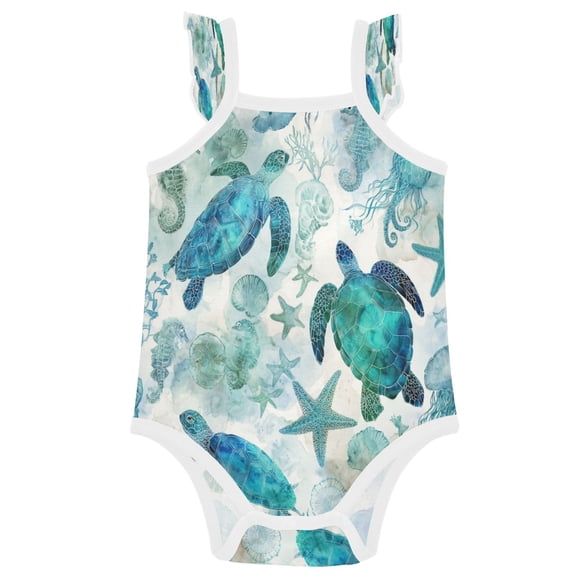 TTYFWHD Infant Toddler Baby Girl Romper Green Adorable Sea Creatures Ruffle Sleeveless Cotton Summer One Piece Bodysuit 3-24M