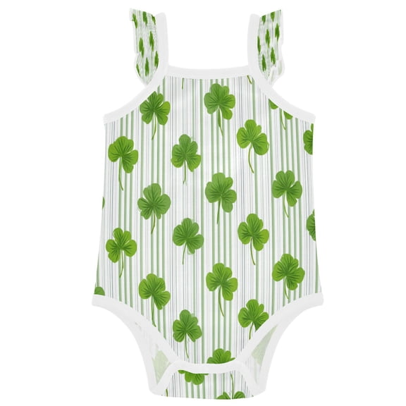 TTYFWHD Infant Toddler Baby Girl Romper Green Clover Stripe Pattern Ruffle Sleeveless Cotton Summer One Piece Bodysuit 3-24M