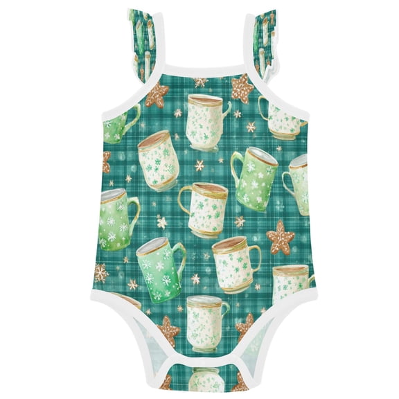 TTYFWHD Infant Toddler Baby Girl Romper Green Coffee Cups and Snowflakes Ruffle Sleeveless Cotton Summer One Piece Bodysuit 3-24M