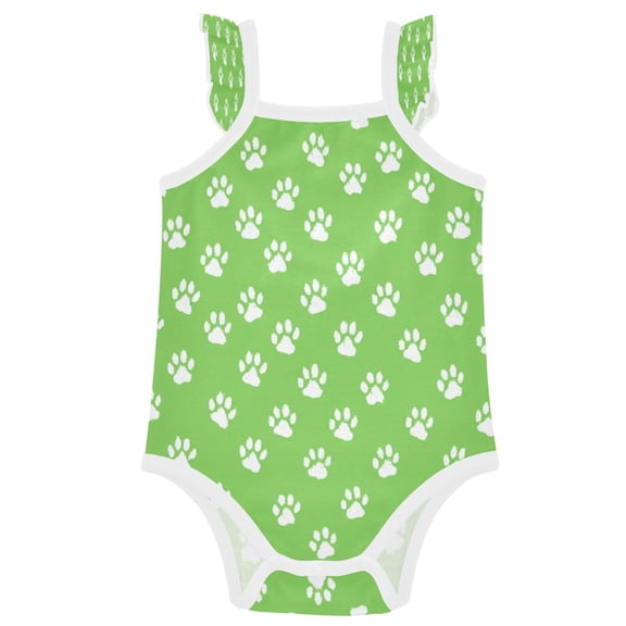 TTYFWHD Infant Toddler Baby Girl Romper Green Paw Print Pattern Ruffle Sleeveless Cotton Summer One Piece Bodysuit 3-24M