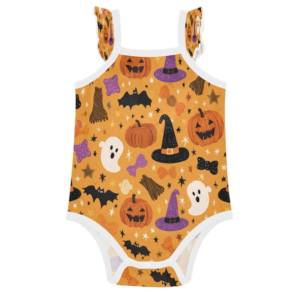 TTYFWHD Infant Toddler Baby Girl Romper Halloween Object Patterns Ruffle Sleeveless Cotton Summer One Piece Bodysuit 3-24M