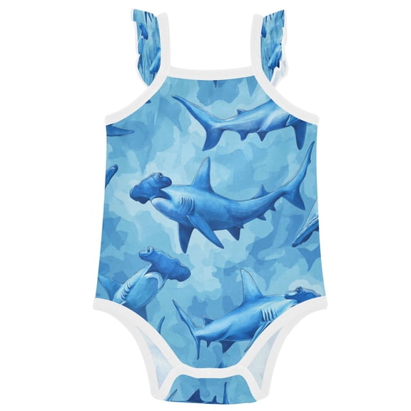 TTYFWHD Infant Toddler Baby Girl Romper Hammerhead Shark Pattern Ruffle Sleeveless Cotton Summer One Piece Bodysuit 3-24M
