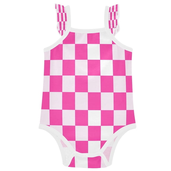 TTYFWHD Infant Toddler Baby Girl Romper Hot Pink Checkered Pattern Ruffle Sleeveless Cotton Summer One Piece Bodysuit 3-24M