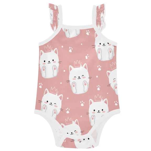 TTYFWHD Infant Toddler Baby Girl Romper Kawaii White Cats Ruffle Sleeveless Cotton Summer One Piece Bodysuit 3-24M