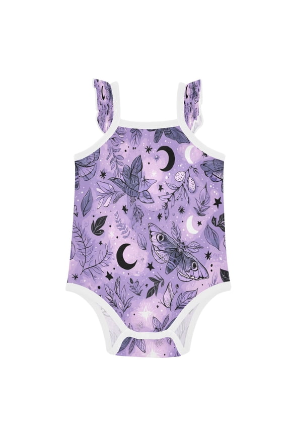 Infant Toddler Baby Girl Romper Lavender-colored Moths Ruffle Sleeveless Cotton Summer One Piece Bodysuit 3-24M