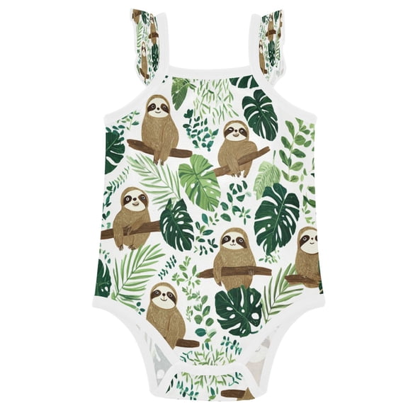 TTYFWHD Infant Toddler Baby Girl Romper Leafy Sloth Design Ruffle Sleeveless Cotton Summer One Piece Bodysuit 3-24M