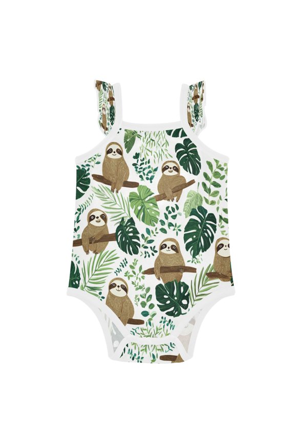 Infant Toddler Baby Girl Romper Leafy Sloth Design Ruffle Sleeveless Cotton Summer One Piece Bodysuit 3-24M