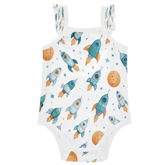 TTYFWHD Infant Toddler Baby Girl Romper Little Rocket Ships Pattern Ruffle Sleeveless Cotton Summer One Piece Bodysuit 3-24M