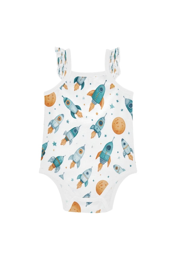 Infant Toddler Baby Girl Romper Little Rocket Ships Pattern Ruffle Sleeveless Cotton Summer One Piece Bodysuit 3-24M