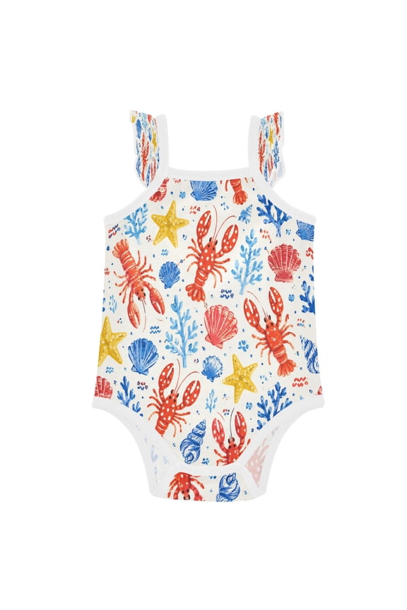 Infant Toddler Baby Girl Romper Lobster Seamless Ocean Pattern Ruffle Sleeveless Cotton Summer One Piece Bodysuit 3-24M