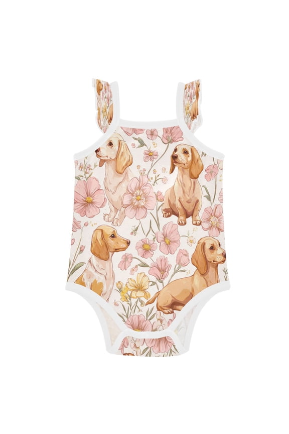 Infant Toddler Baby Girl Romper Lovely Cartoon Dachshund Dogs Ruffle Sleeveless Cotton Summer One Piece Bodysuit 3-24M