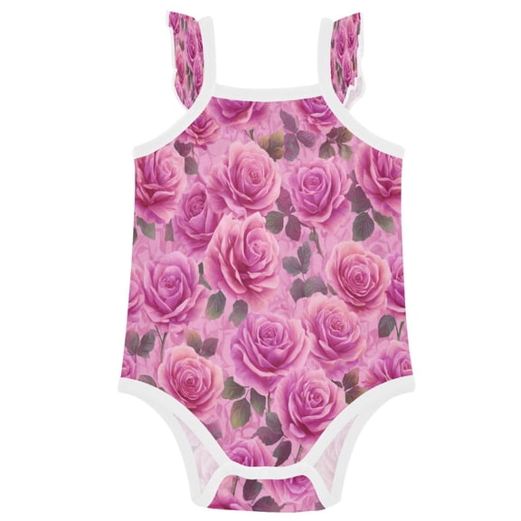 TTYFWHD Infant Toddler Baby Girl Romper Magenta-red Roses Pattern Ruffle Sleeveless Cotton Summer One Piece Bodysuit 3-24M
